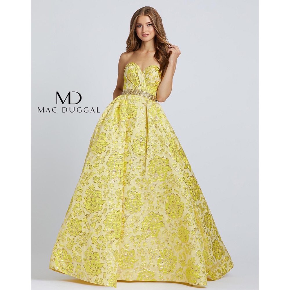 MAC DUGGAL STRAPLESS BUSTIER METALLIC BROCADE JACQUARD PINEAPPLE PROM DRESS GOWN